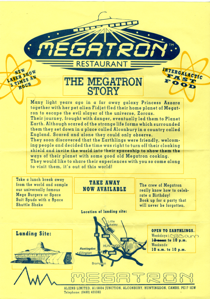 Yellow Megatron flyer, telling the story of Princess Azzara, her pet alien Fidjet, and the evil slayer of the universe, Zorcas. Flyer advertises take away, birthday parties, and laser shows.