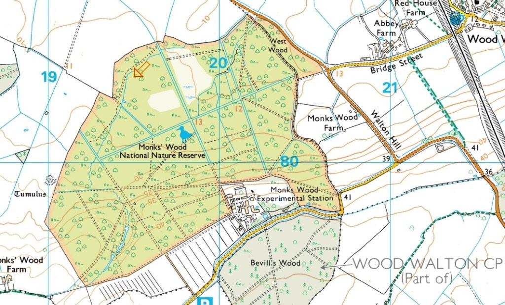 Map of Monk's Wood National Nature Reserve, Bevill's Wood to the south, and Monk's Wood Experimental Station in between