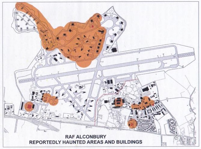 Map of RAF Alconbury with several areas shaded in orange. Subtitle at the bottom reads 'reportedly haunted areas and buildings.'