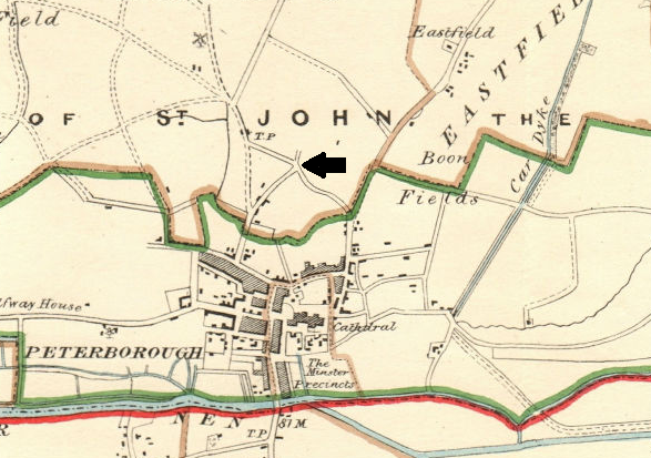 Map of Peterborough, showing the crossroads just outside the borough boundary line