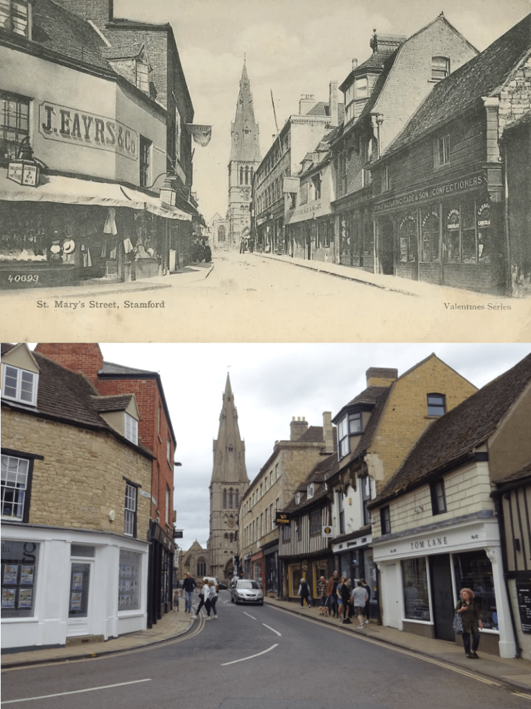 2 photos depicting the same street, one from around 1900, the other very recent. Handsome old buildings with a church spire in the background.