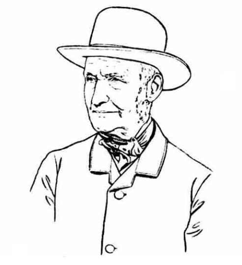 Drawing of an elderly man wearing wide-brimmed hat and jacket