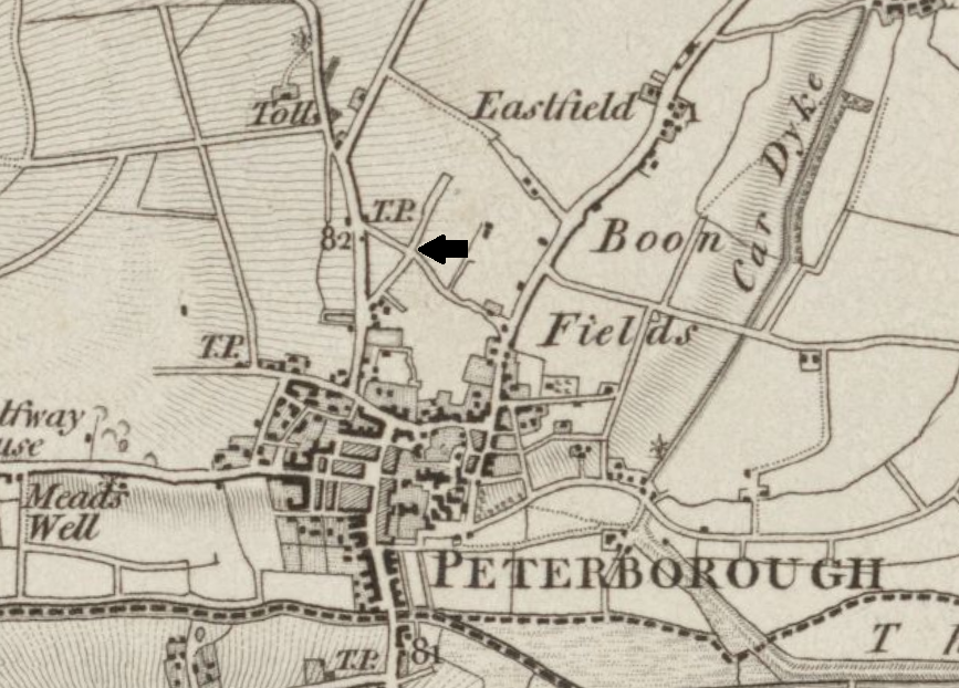 Map of Peterborough, the crossroads marked with an arrow